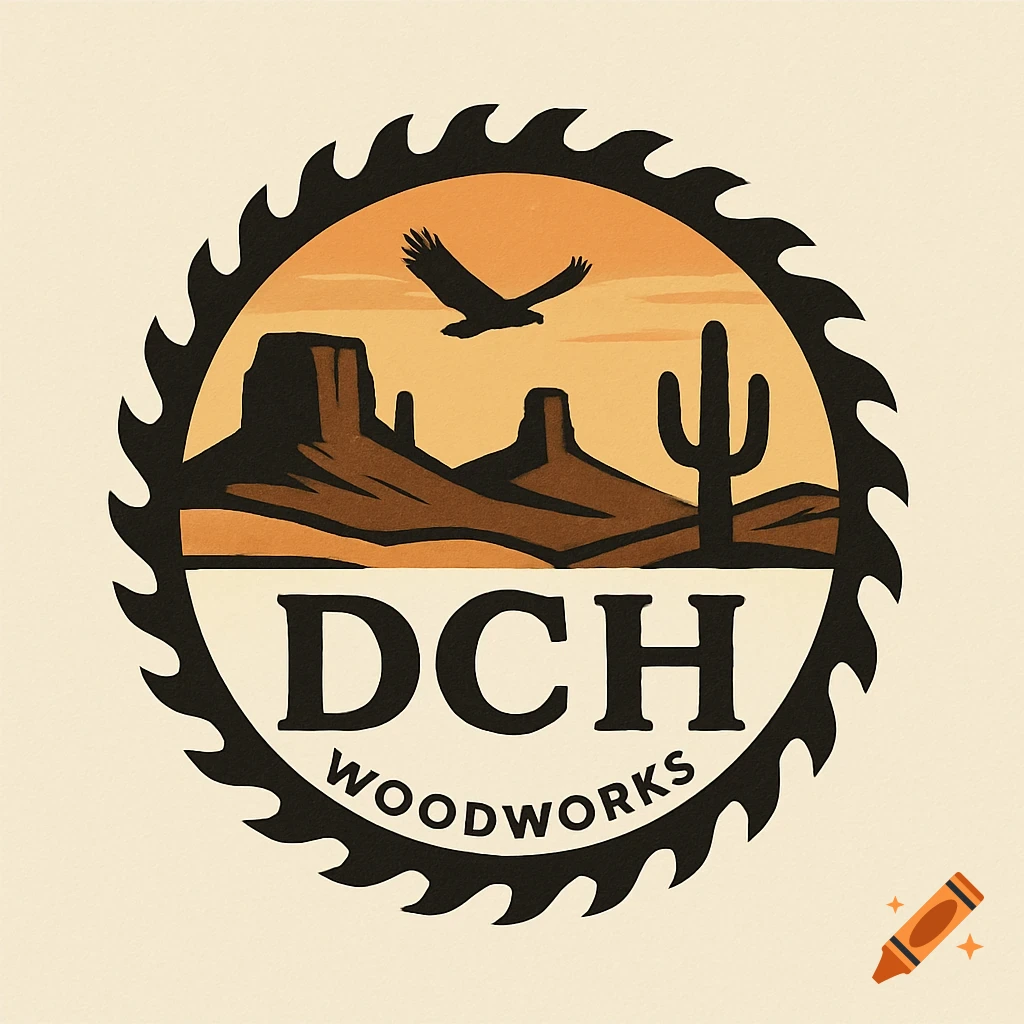 Logo shaped like a saw blade featuring a desert scene with mountains, cactus, eagle, and 'DCH WOODWORKS'.