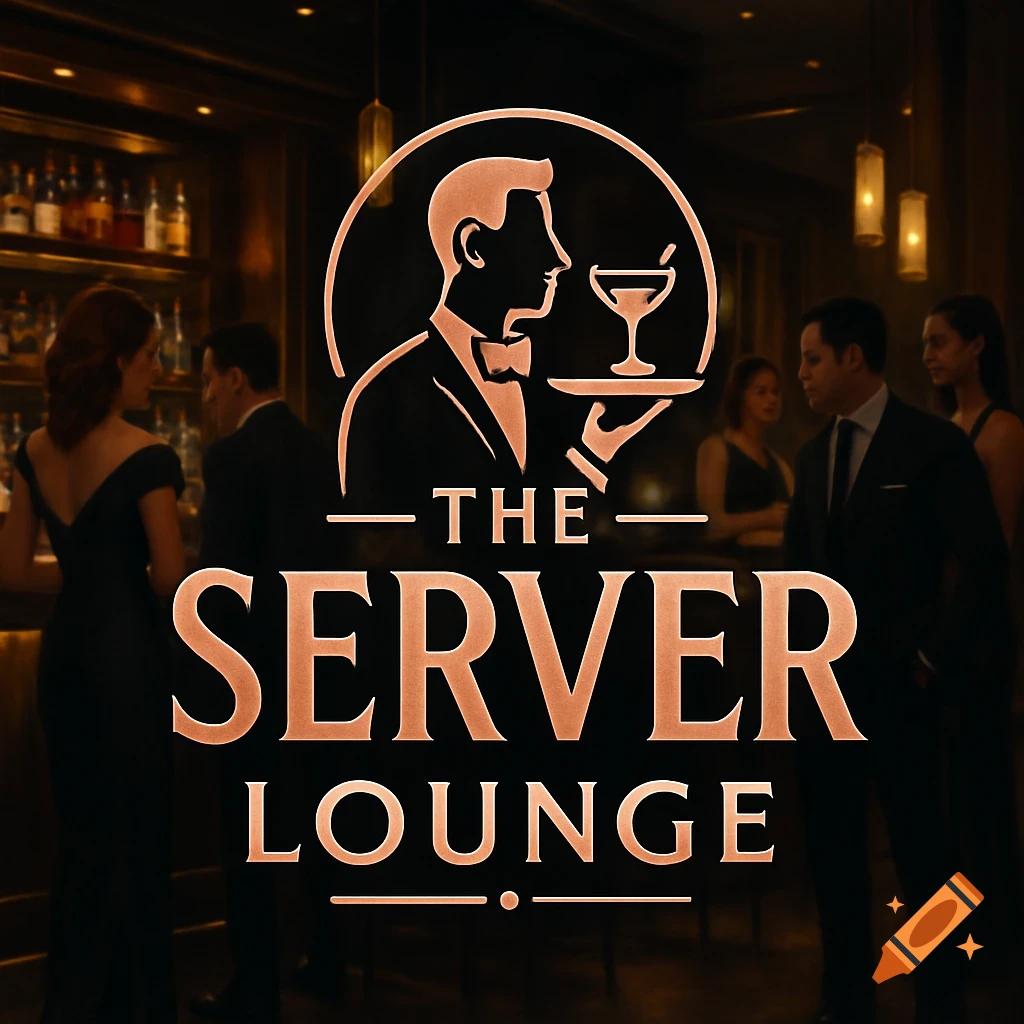 Logo for 'The Server Lounge' with server icon against a realistic bar background.