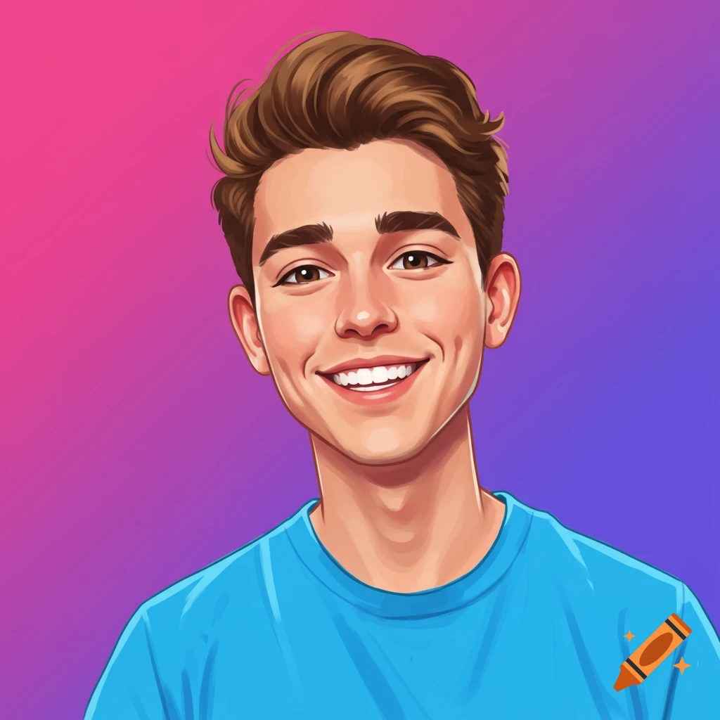 Cartoon portrait of a young man smiling in a blue shirt against a pink and purple gradient.