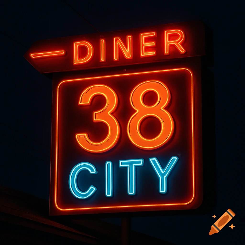 A photorealistic close-up of a neon sign that reads "DINER 38 CITY" in red, orange, and blue against a dark background.