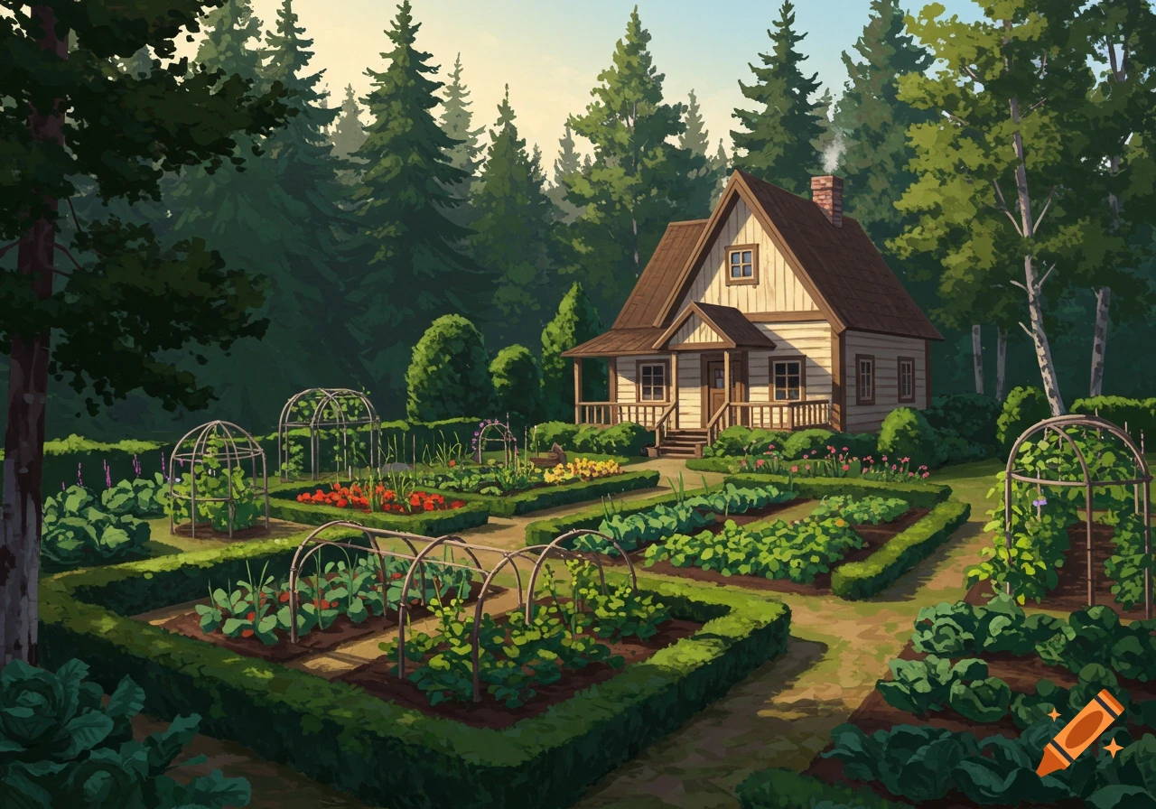 A digital painting of a small cottage house with large, structured vegetable gardens in the foreground and a thick forest behind it.