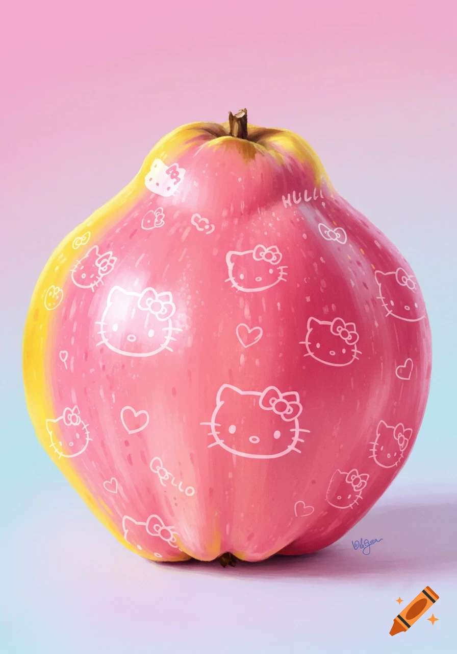 Illustration of a pink and yellow quince with white Hello Kitty pattern on a gradient background.