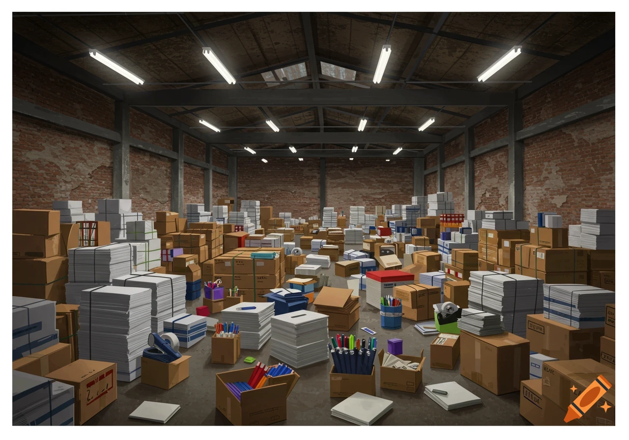 Illustration of a cluttered warehouse packed with boxes, paper, and office supplies.