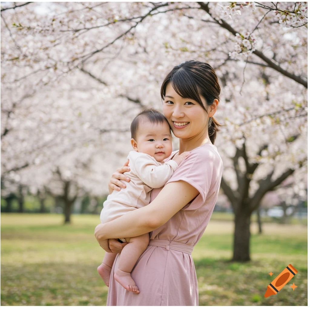 Woman holding a baby under cherry blossoms.