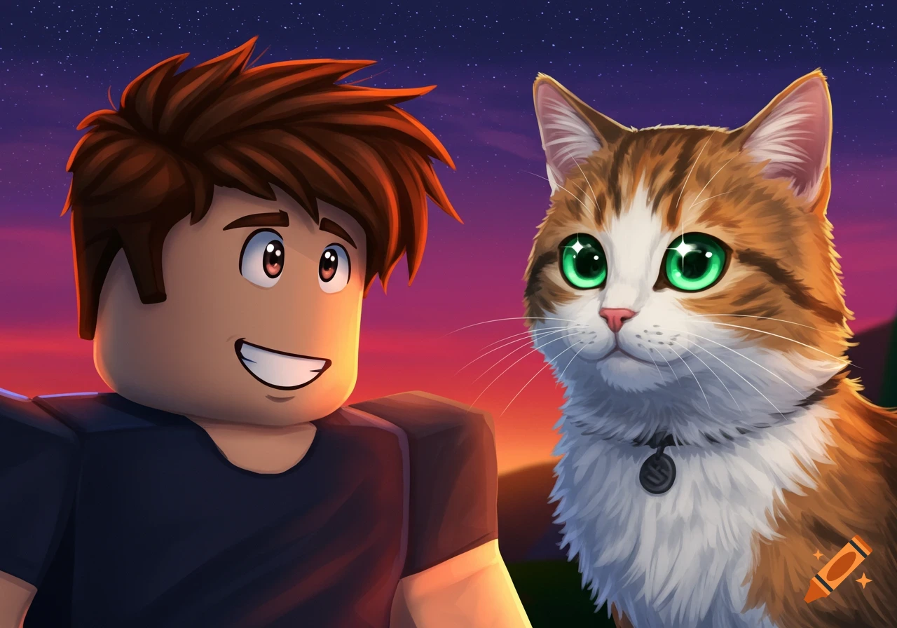 A Roblox character looks at a realistic calico cat with sparkling eyes against a sunset sky.