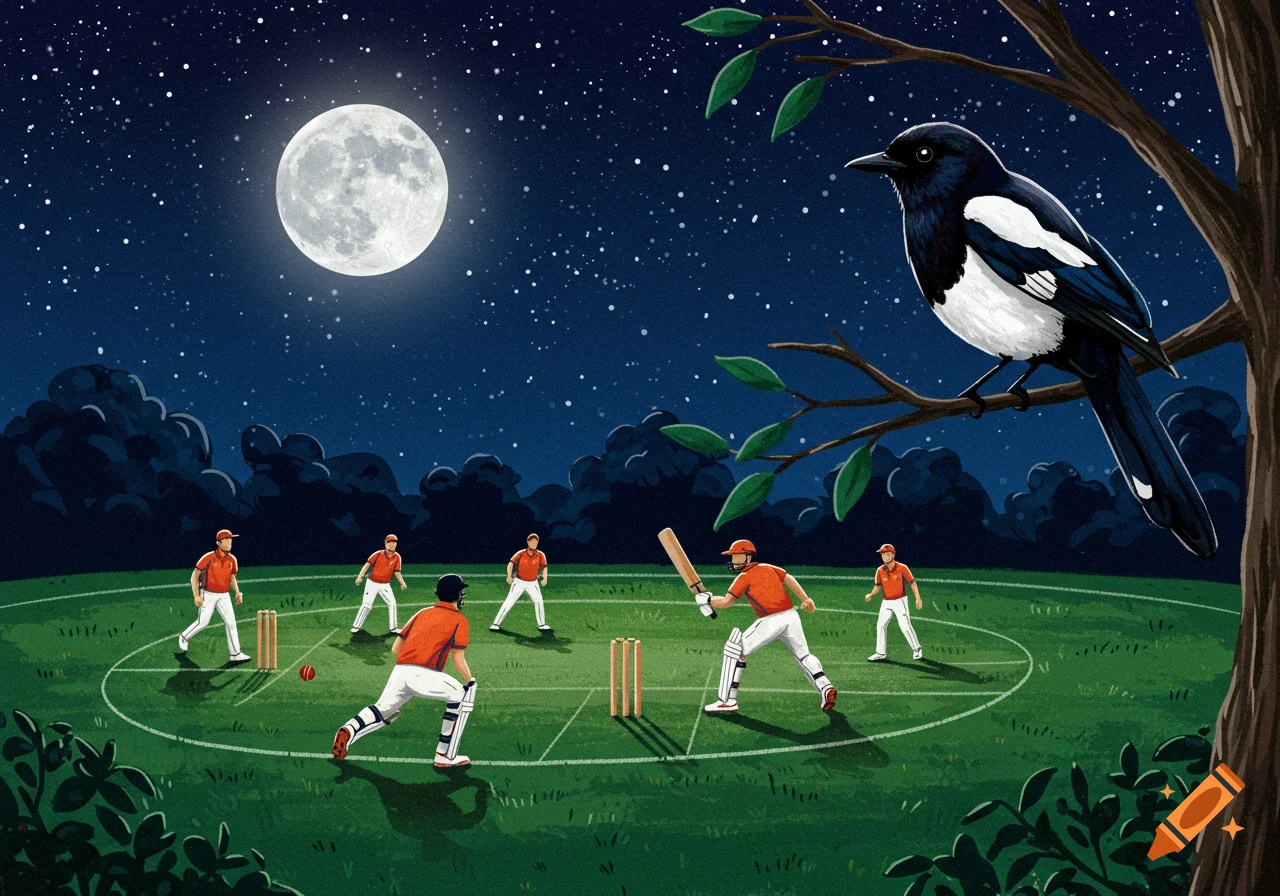 Illustration of a cricket match at night under a full moon with a bird watching from a tree branch.