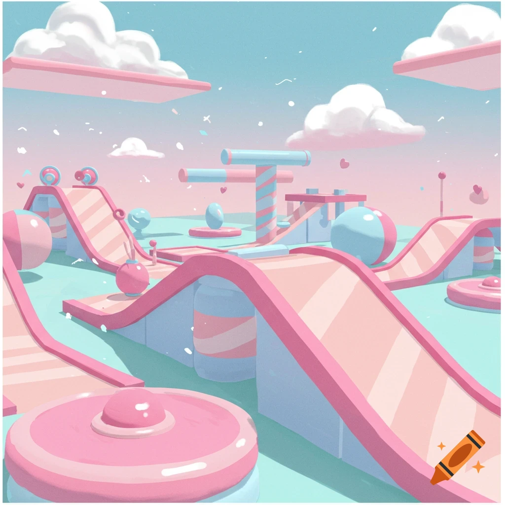 A pastel pink and blue obstacle course with ramps, balls, and clouds in a soft, game-like style.
