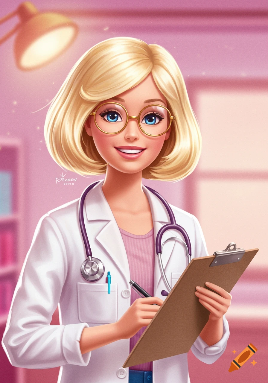 Illustration of a blonde woman resembling Barbie, with glasses, wearing a doctor's coat and stethoscope, writing on a clipboard.