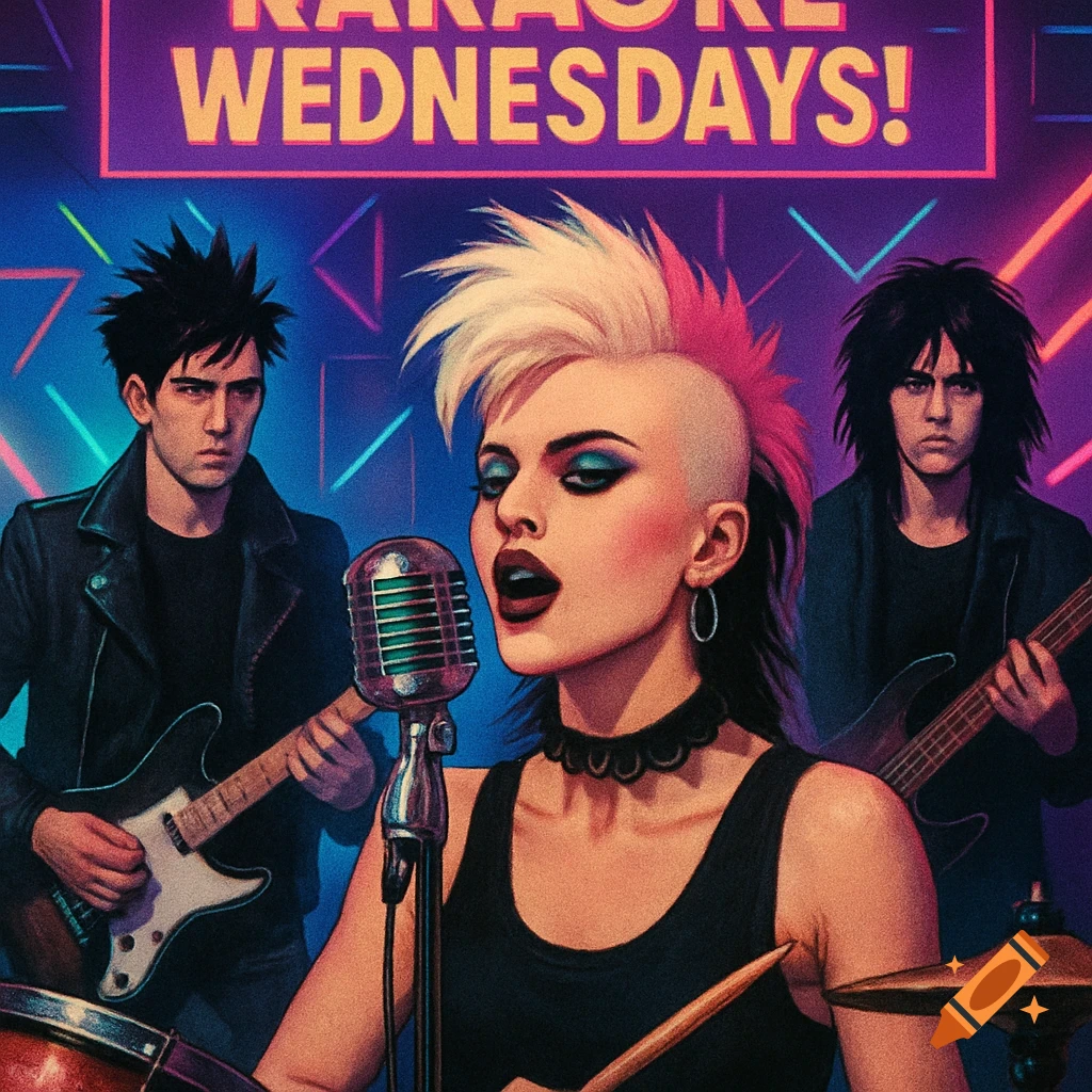 Illustration of a punk/new wave band performing under a 'KARAOKE WEDNESDAYS!' banner with neon lights.