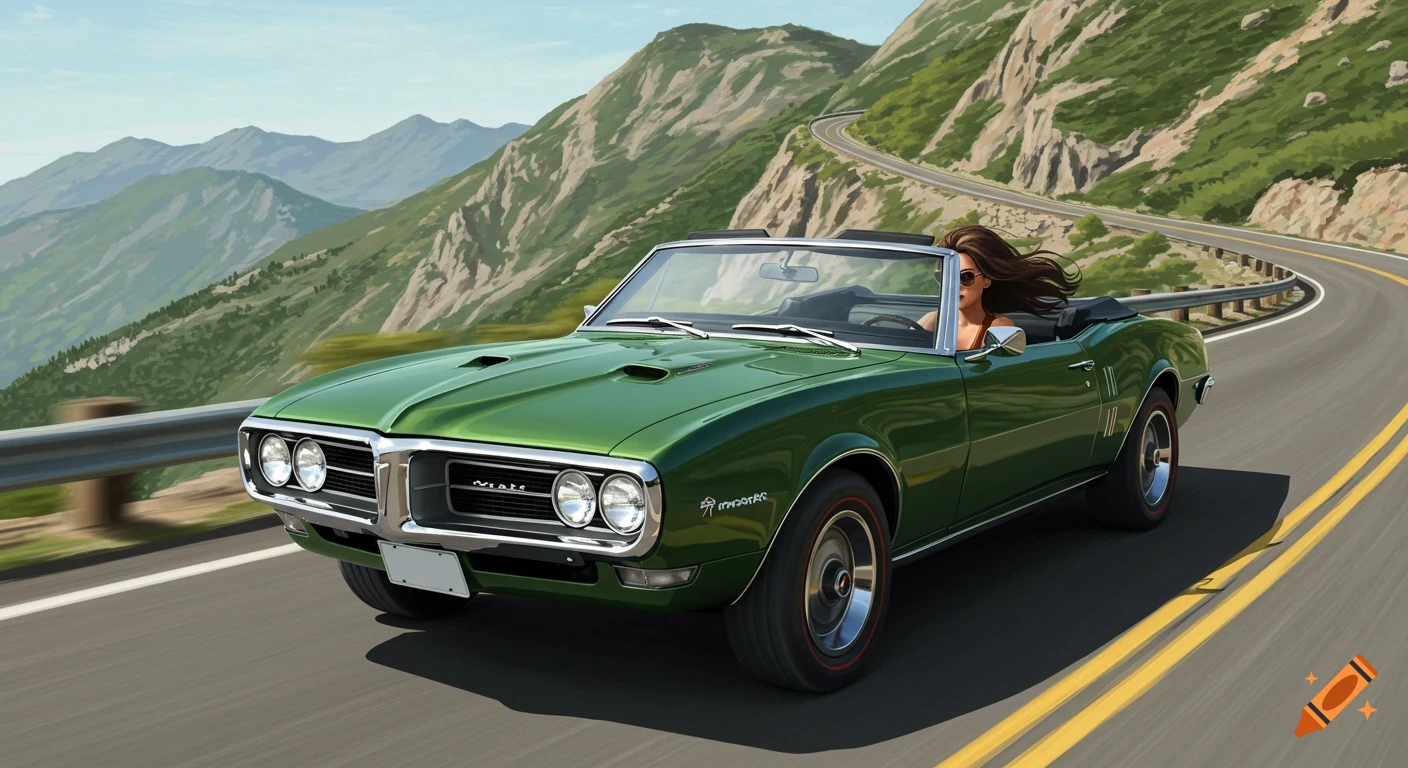 Green 1968 Pontiac Firebird convertible driven by a woman on a winding mountain road, stylized art.