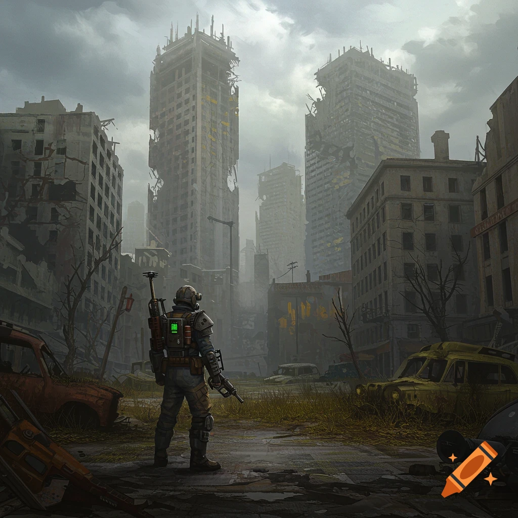 Person in futuristic armor stands in a ruined city street with collapsed buildings and destroyed cars, concept art style.