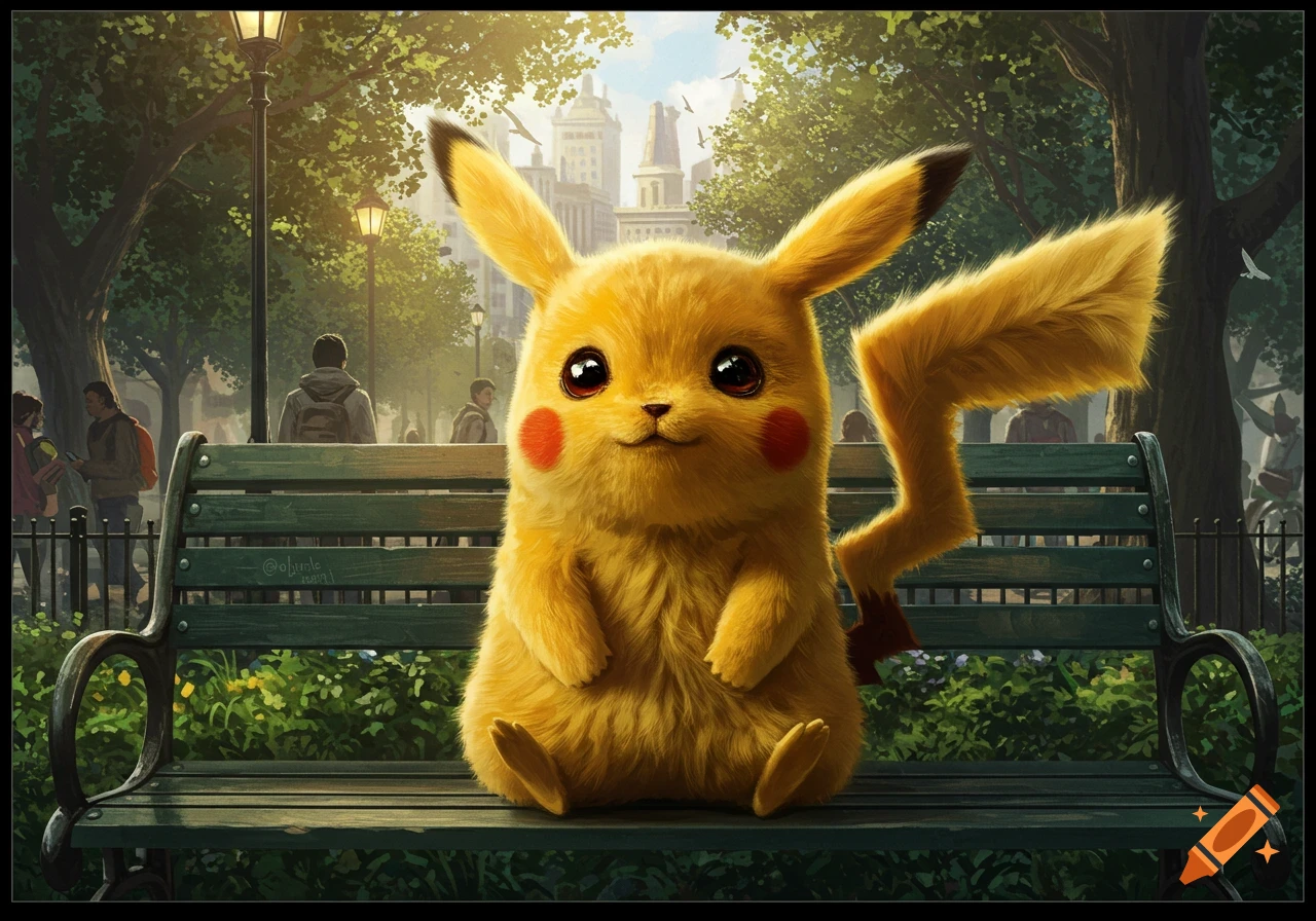 A realistic depiction of Pikachu sitting on a park bench in a park setting with people and buildings.