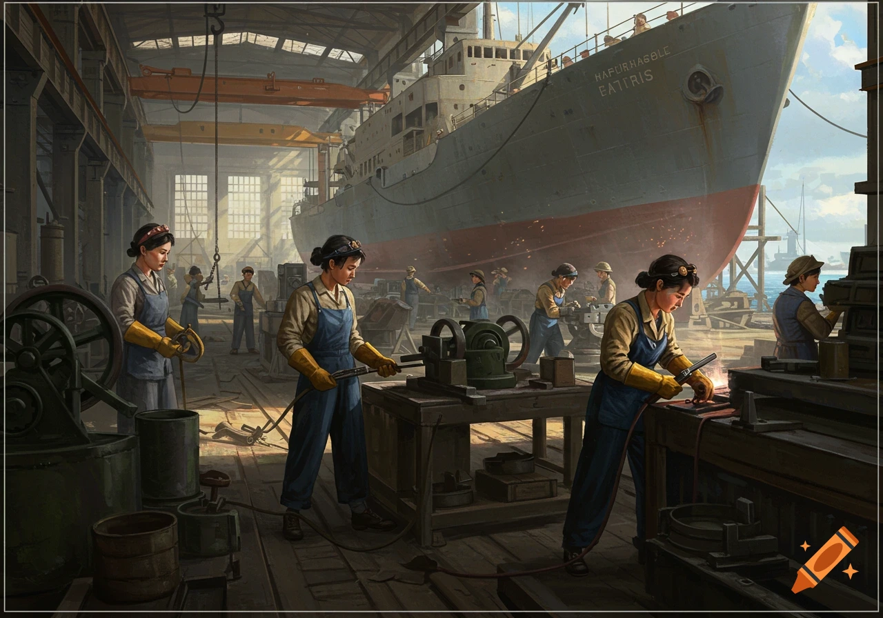 Women welding and working in a detailed shipyard with a large ship.