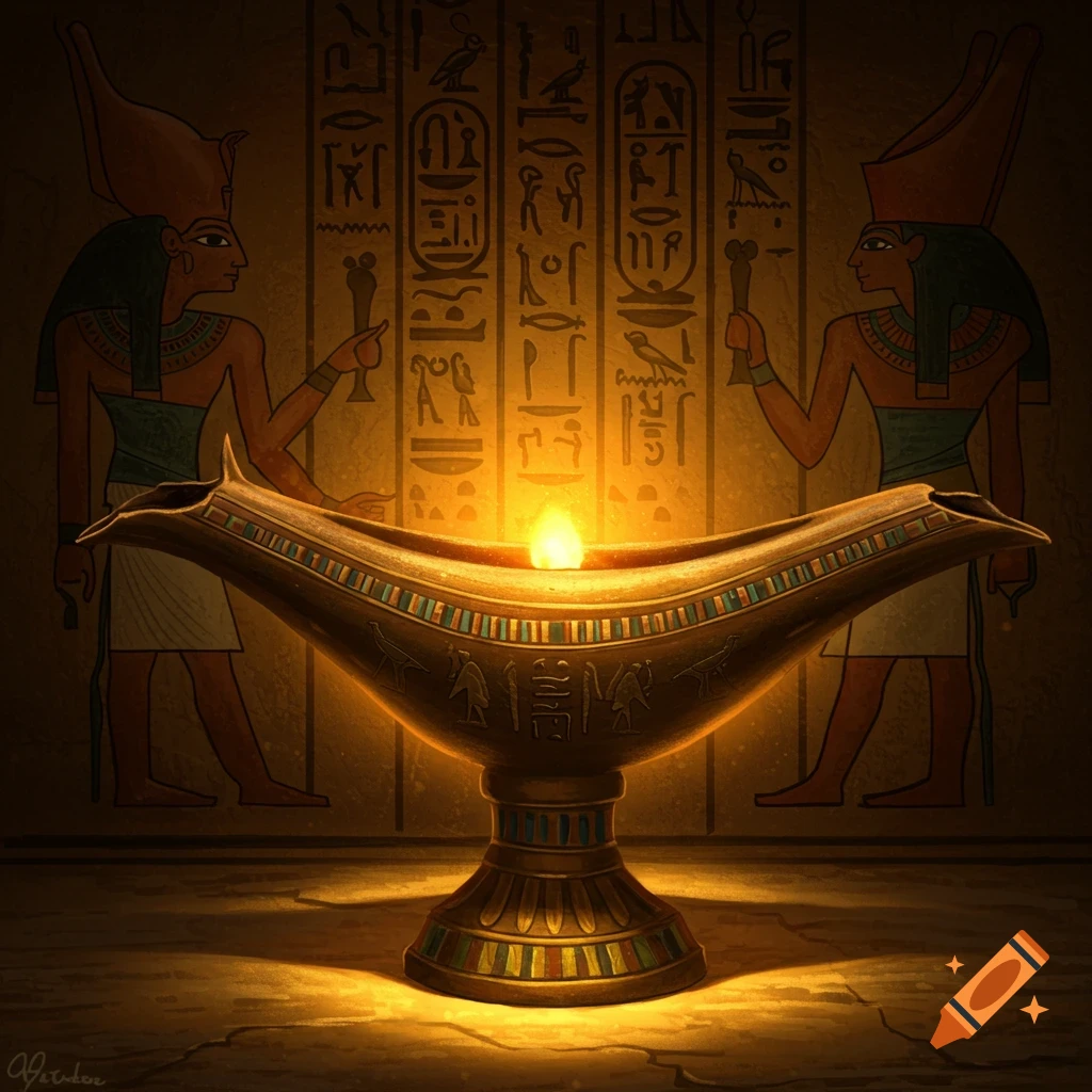 Ancient Egyptian lamp with flame, in front of wall with hieroglyphs and figures. Digital art.