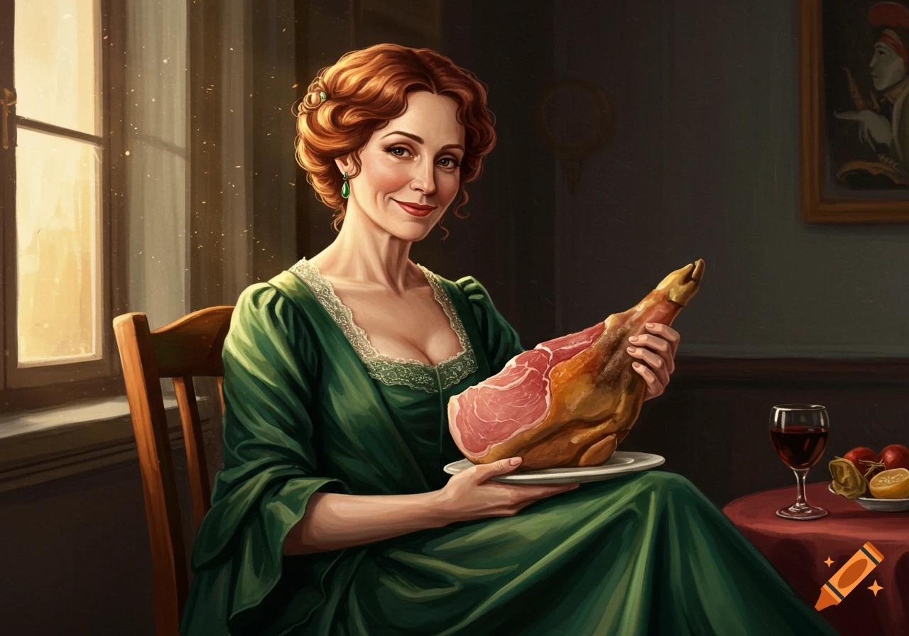 A woman in a green dress holds a large piece of ham in a painting. on Craiyon A woman in a green dress holds a large piece of ham in a painting. on Craiyon