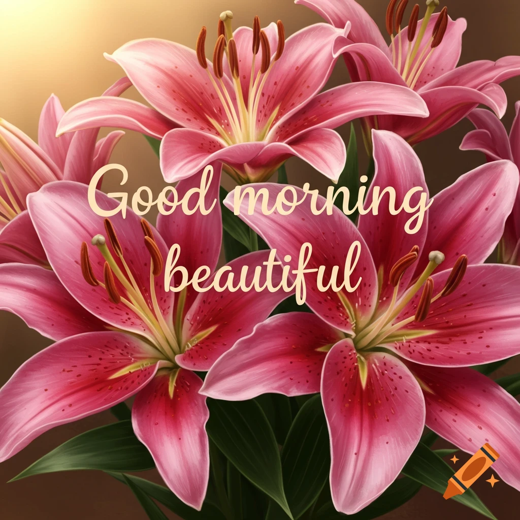 Pink stargazer lilies with 'Good morning beautiful' text.