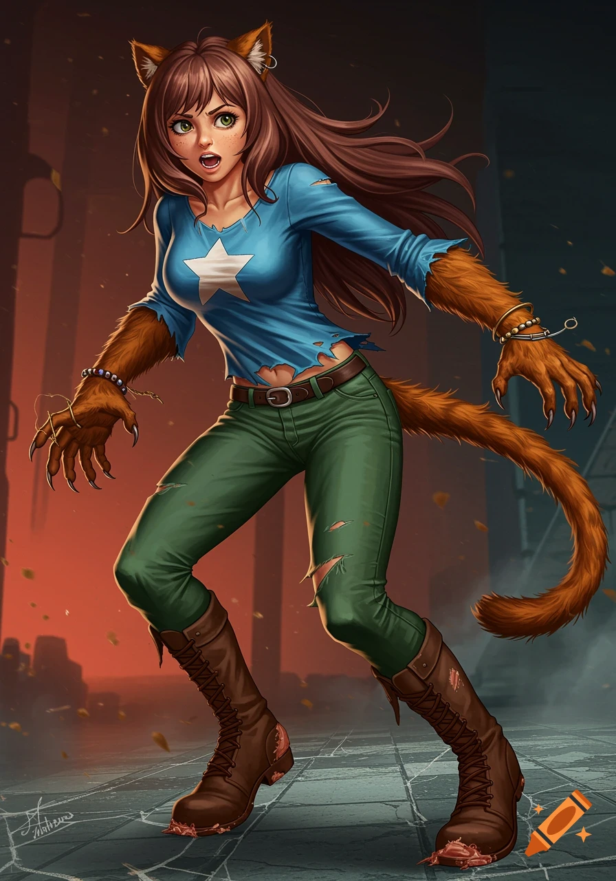 Digital art of a girl transforming into a werecat, with paws, claws, and torn clothes.