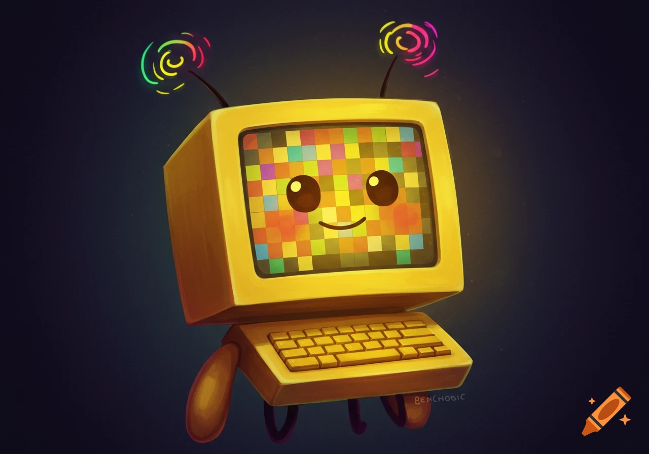 A cartoon yellow computer character with a pixelated screen face and antennae.