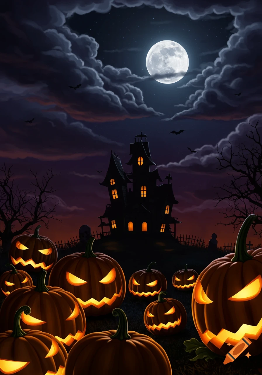 Illustrated Halloween scene with glowing jack-o'-lanterns, a haunted house silhouette, and a full moon against a cloudy night sky with bats.