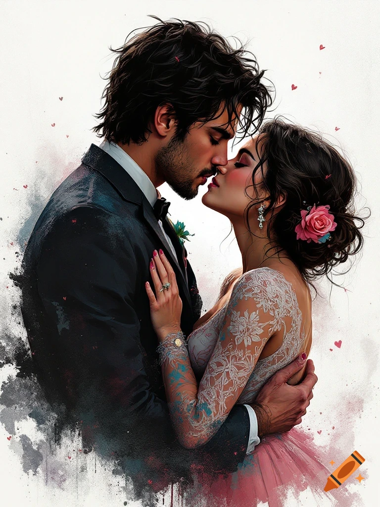 Romantic painterly illustration of a couple kissing deeply.