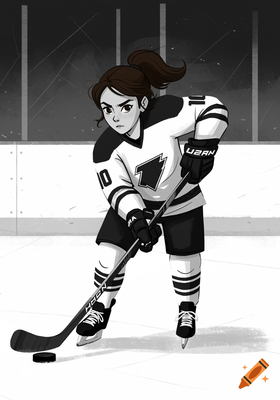 Black and white illustration of a young girl in hockey gear holding a stick on the ice.