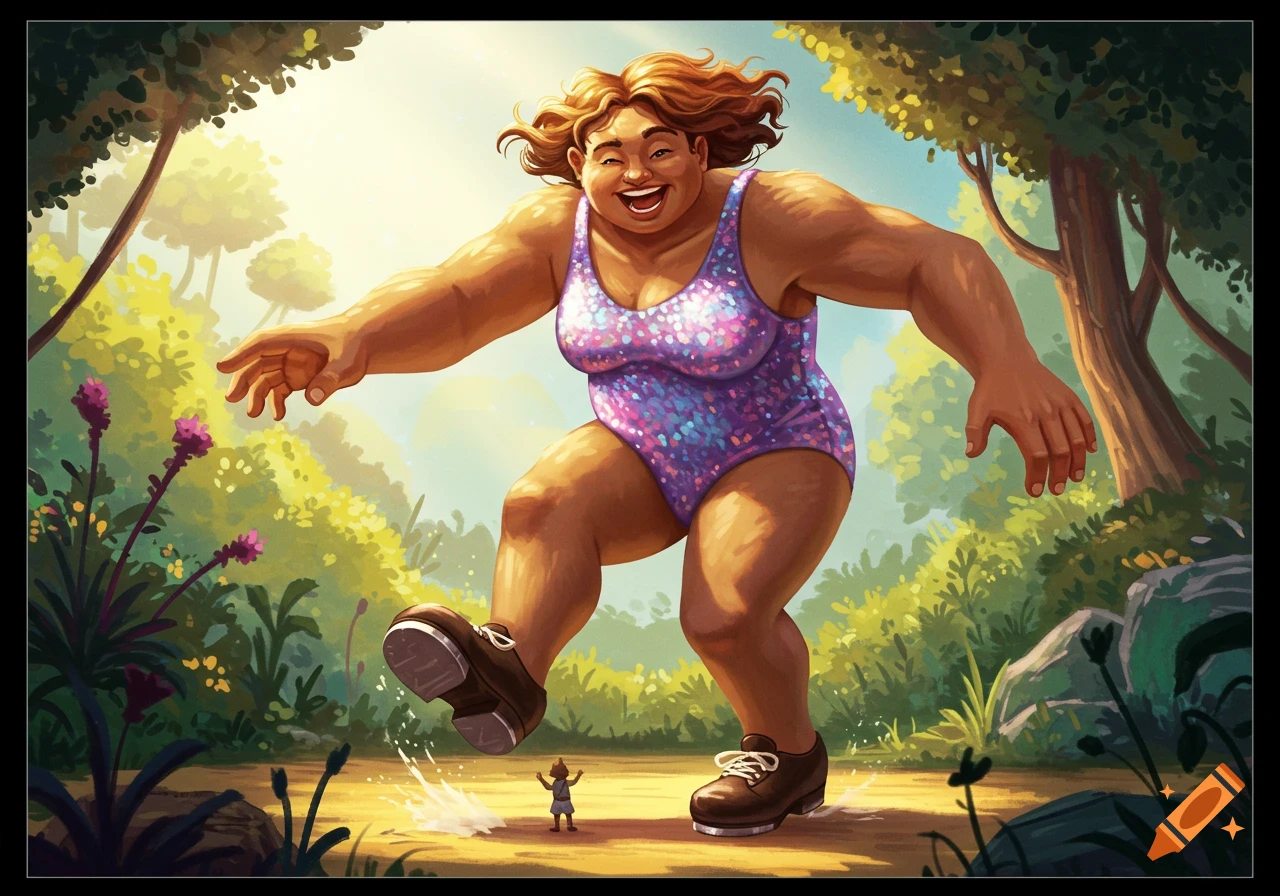 Illustrative fantasy art of a giant woman in a purple swimsuit tap-dancing in a forest clearing near a tiny figure.