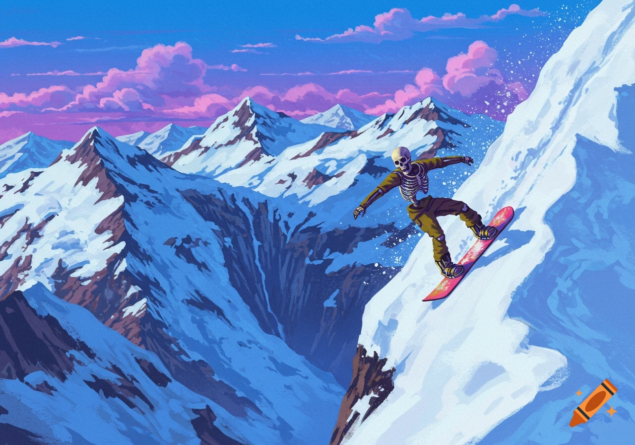 A skeleton snowboards down a snowy mountain slope under a vibrant pink and blue sky, in a stylized illustration.