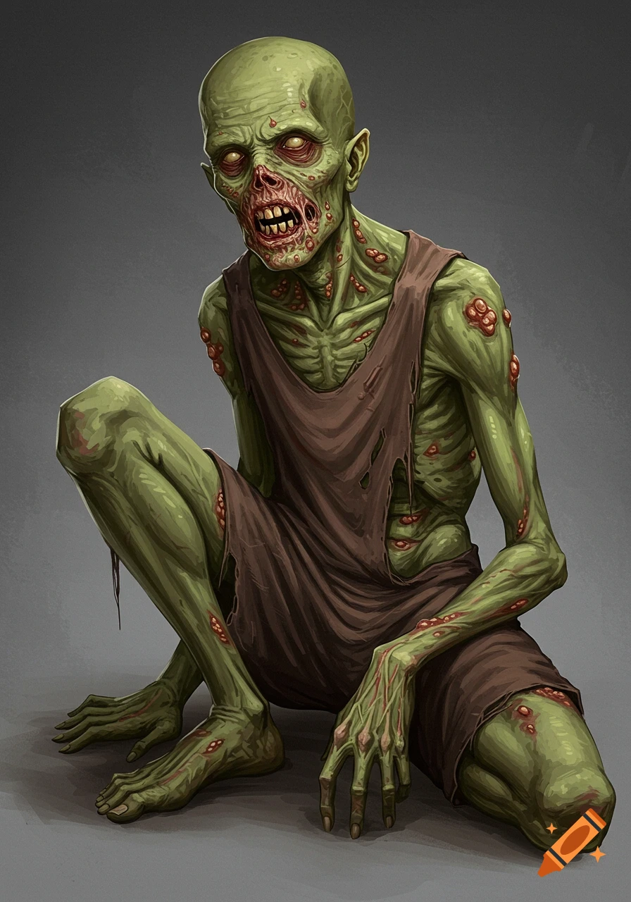 A green-skinned, emaciated zombie figure squats, covered in boils and wearing a tattered tank top.