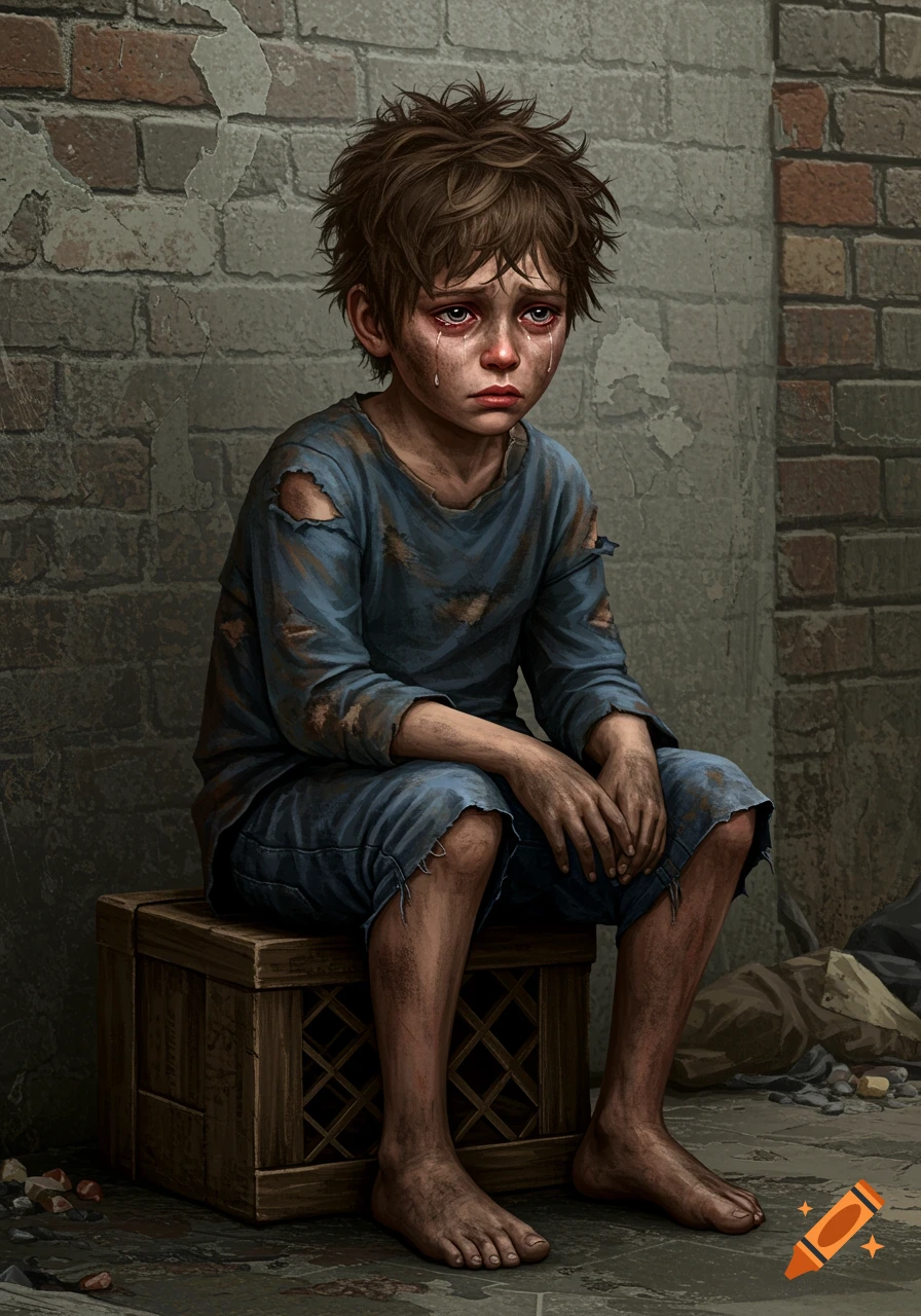 A crying boy sits on a wooden crate in front of a brick wall, looking sad and dirty.