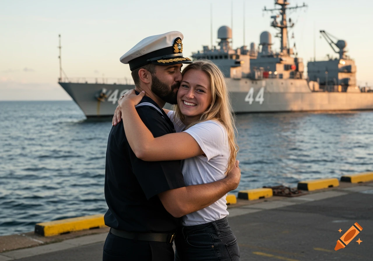 Naval sailor and partner embrace on a dock with a ship in the background.