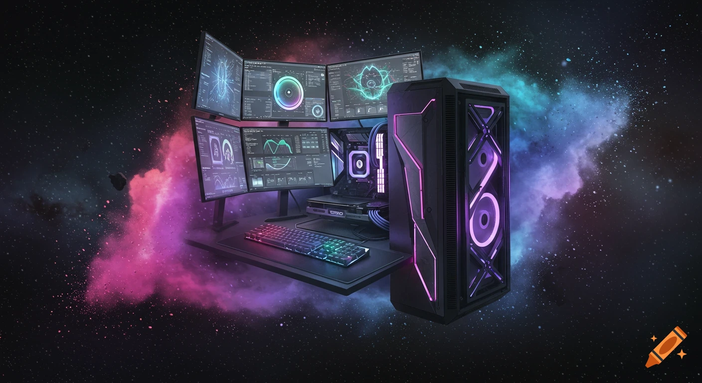 A detailed gaming PC setup with multiple monitors displaying data, glowing with neon lights, floating in space with colorful nebulae.