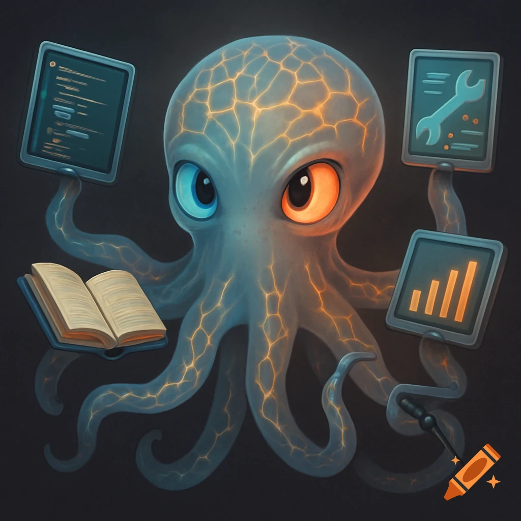 Stylized blue and orange glowing octopus holding screens with code and graphs, an open book, and a tool.