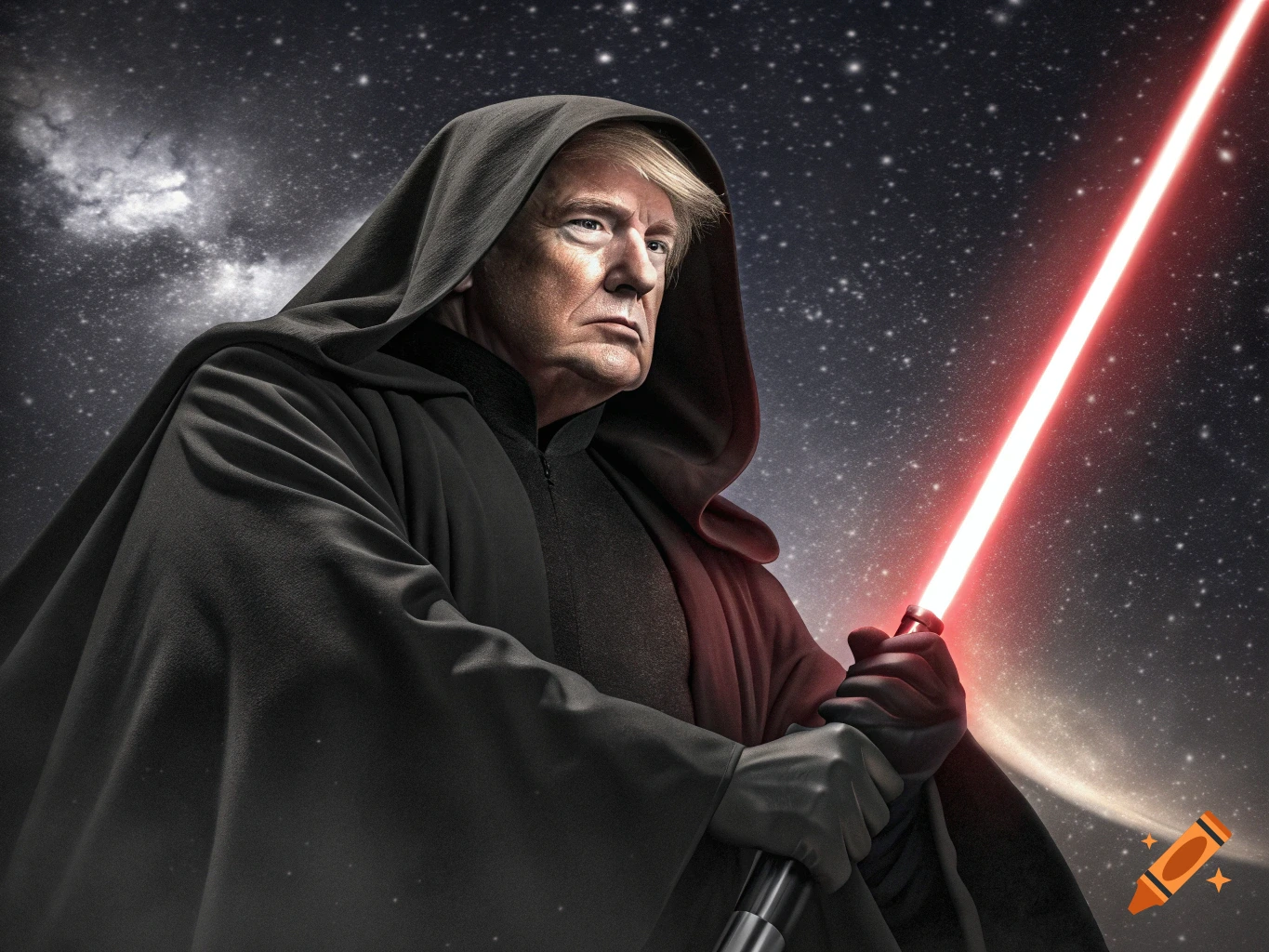 Man resembling Trump in Sith robe holding a red lightsaber in space.
