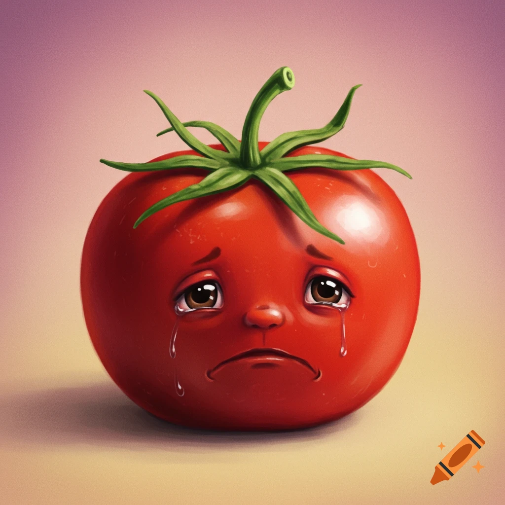 A cartoon tomato with a sad face crying.