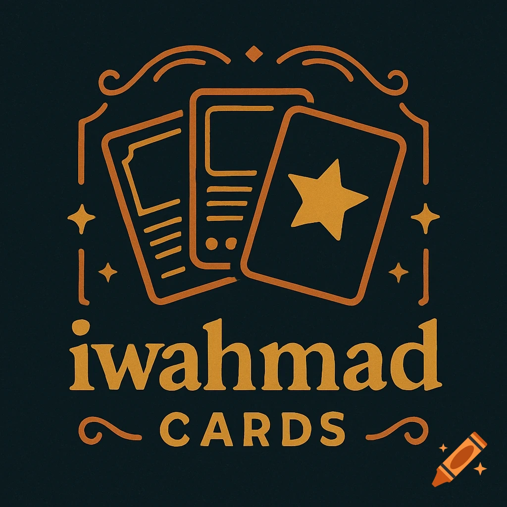 Logo with three stylized cards, decorative frame, and text 'iwahmad CARDS'.