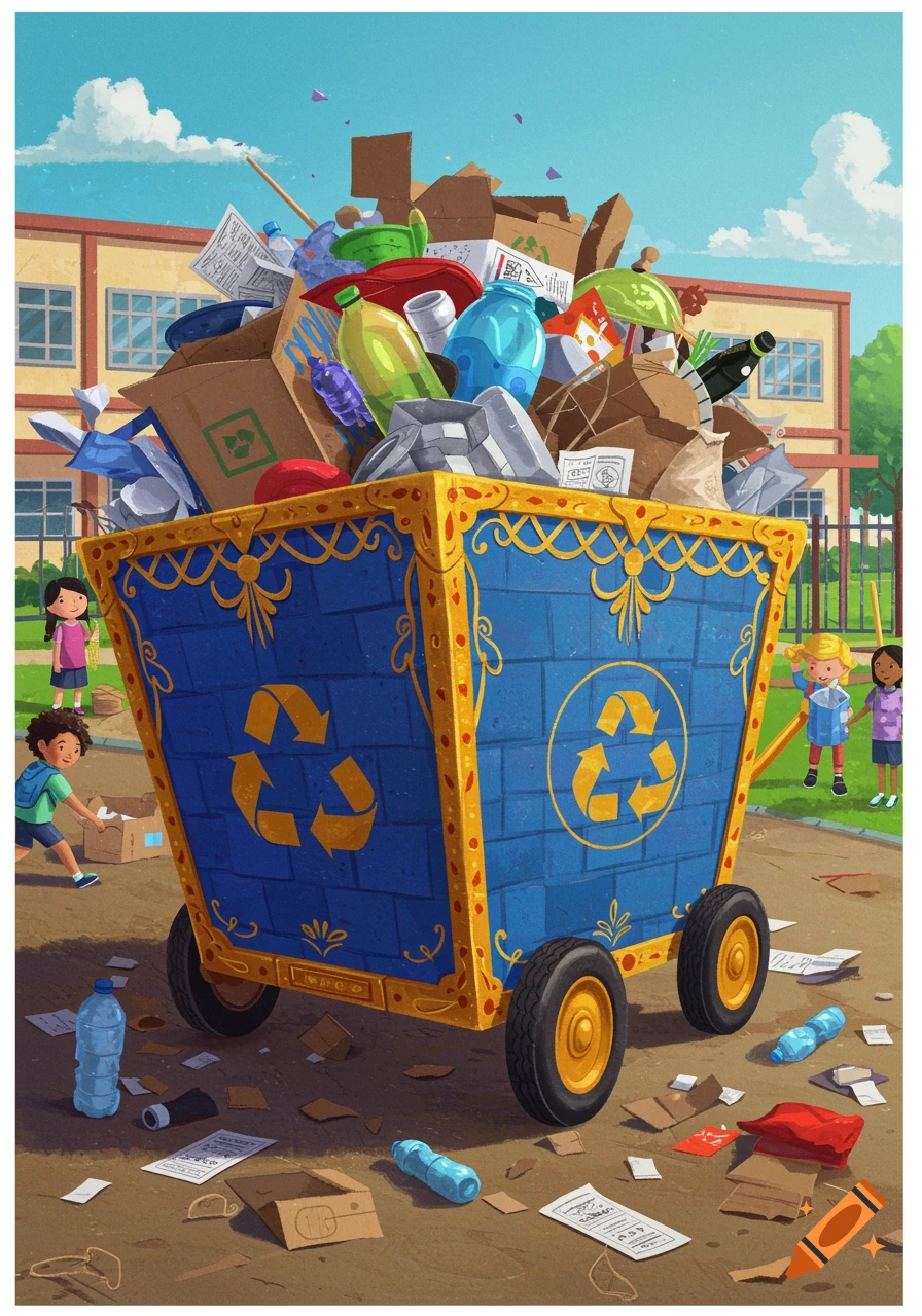 An illustration of a large, decorated blue cart overflowing with recycling and trash outside a school, with children nearby.