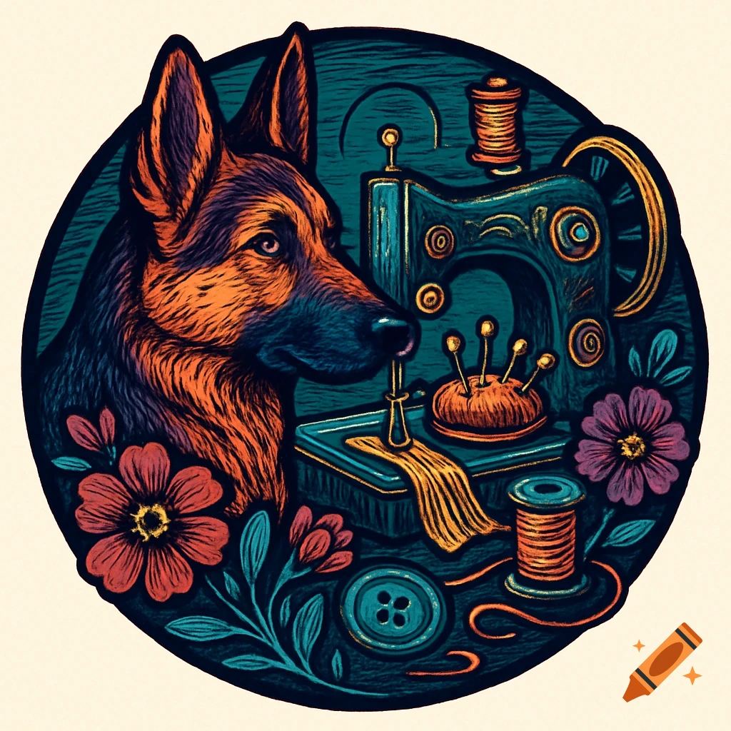 Linocut style image in a circle showing a German Shepherd, sewing machine, notions, and flowers