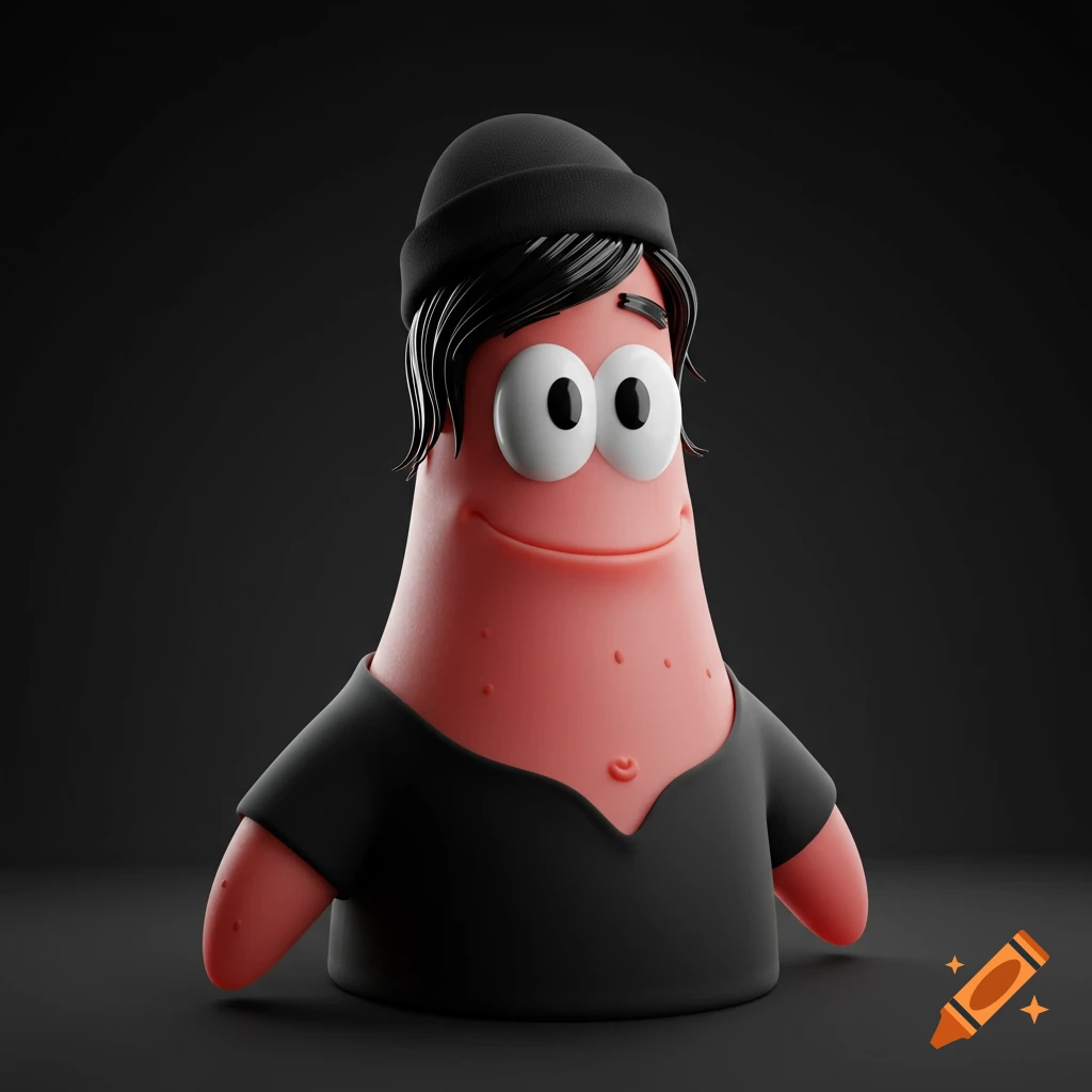 3D render of Patrick Star in a black beanie and t-shirt on a dark background.