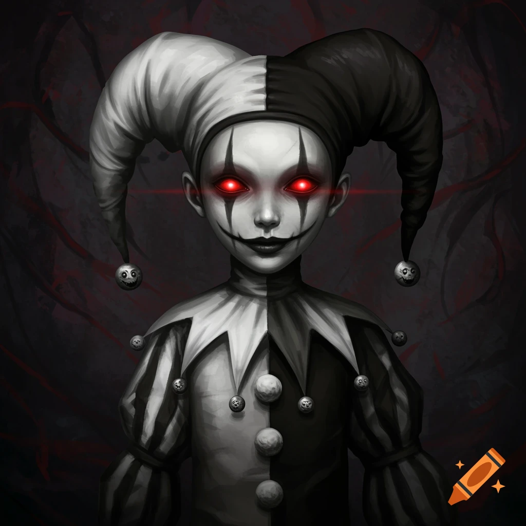 Creepy black and white jester with glowing red eyes