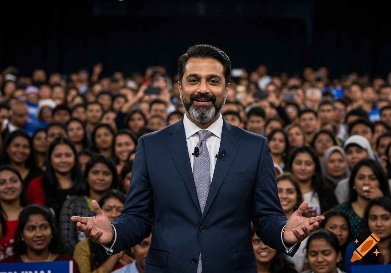 A man in a suit speaks to a large crowd, gesturing with his hands.