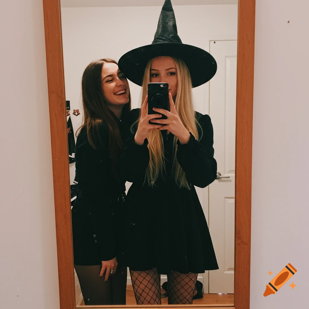 Two young women take a mirror selfie. One wears a black dress, witch hat, and fishnet stockings, while the other, behind her, smiles.