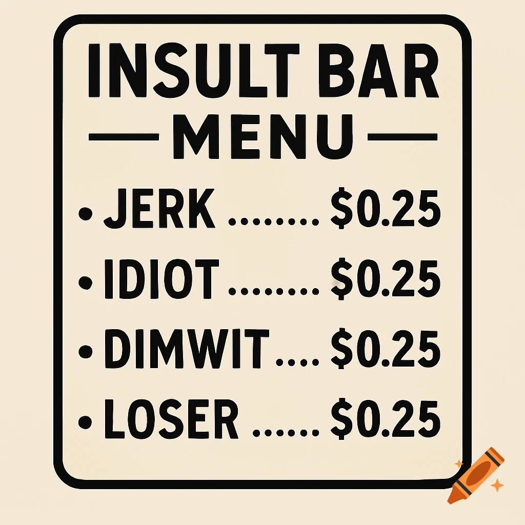A sign reading "Insult Bar Menu" lists prices for insults: Jerk, Idiot, Dimwit, and Loser are all $0.25.