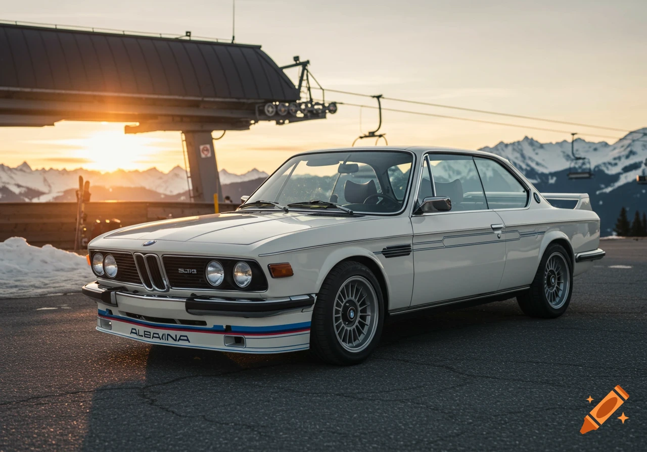 A white classic BMW car near a ski lift in the mountains at sunset