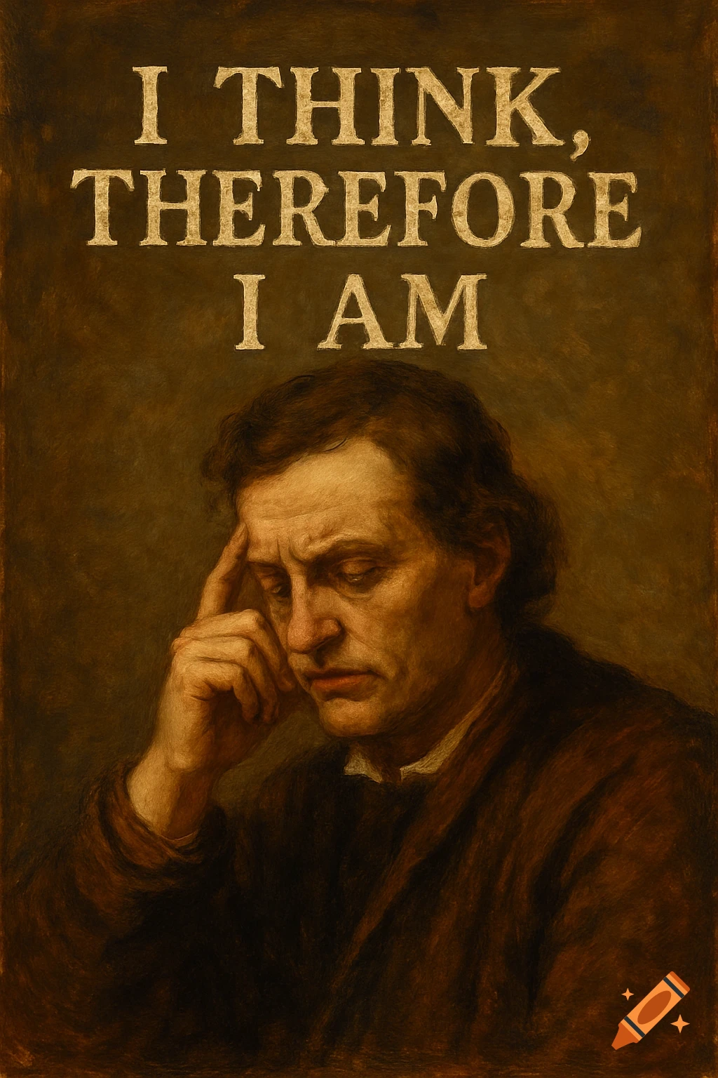 Painting of a man in a brown coat resting his head on his hand under the quote 'I THINK, THEREFORE I AM'