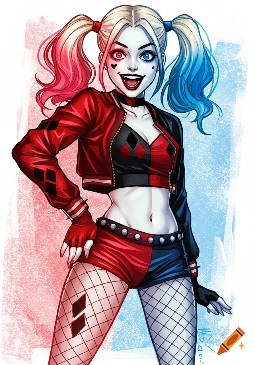 Illustration of Harley Quinn with red and blue pigtails and costume