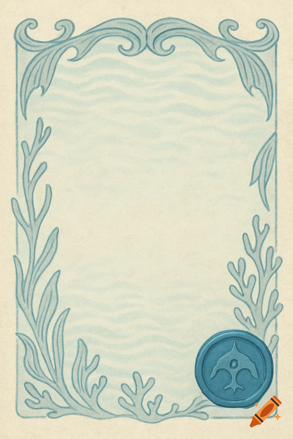 Decorative border with blue marine elements and a circular blue seal with a symbol.