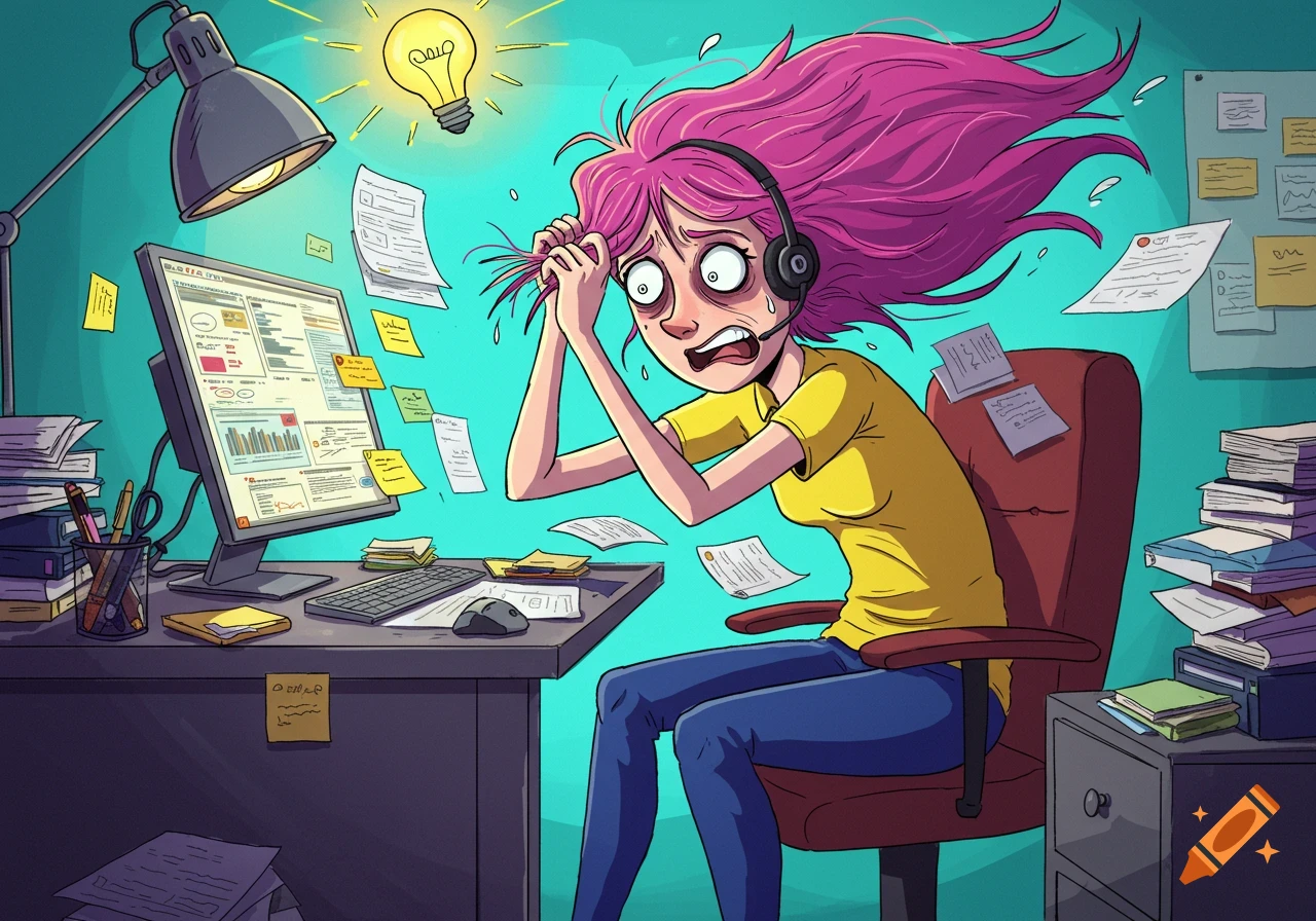 Cartoon illustration of a stressed woman at a desk with papers flying, pulling her hair.