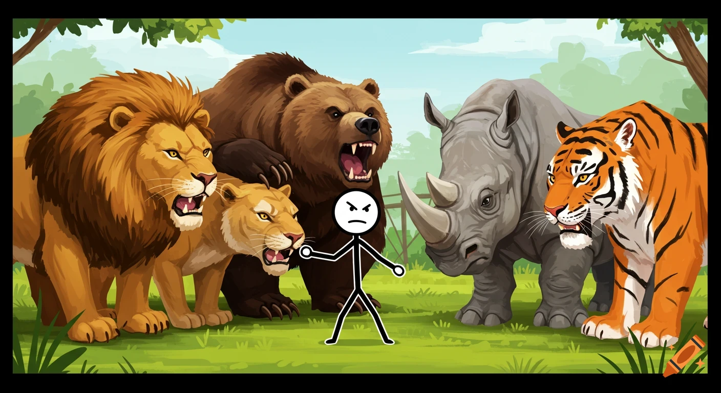 Cartoon stick figure stands before angry lion, lioness, bear, rhino, and tiger.