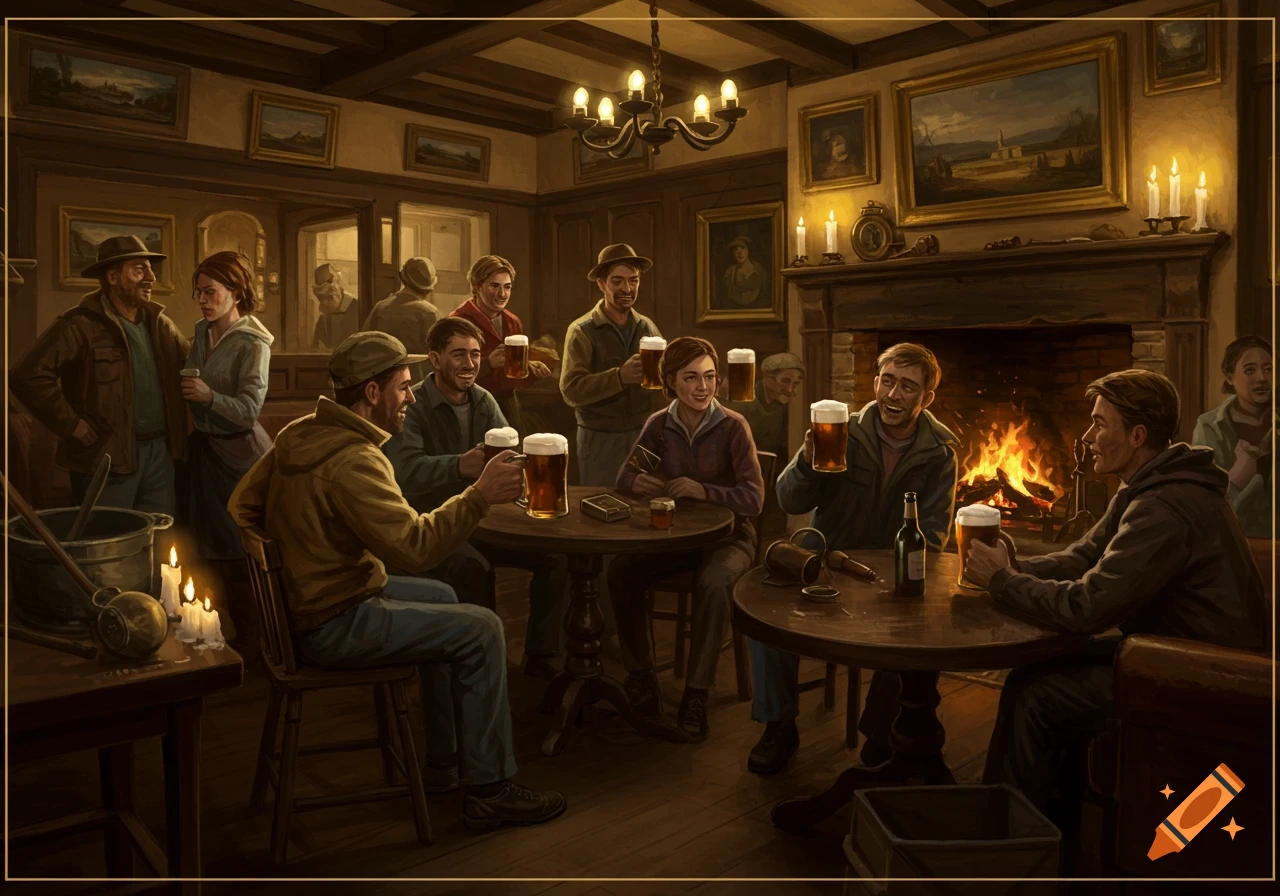 Digital painting of people drinking beer and socializing in a rustic pub with a fireplace.