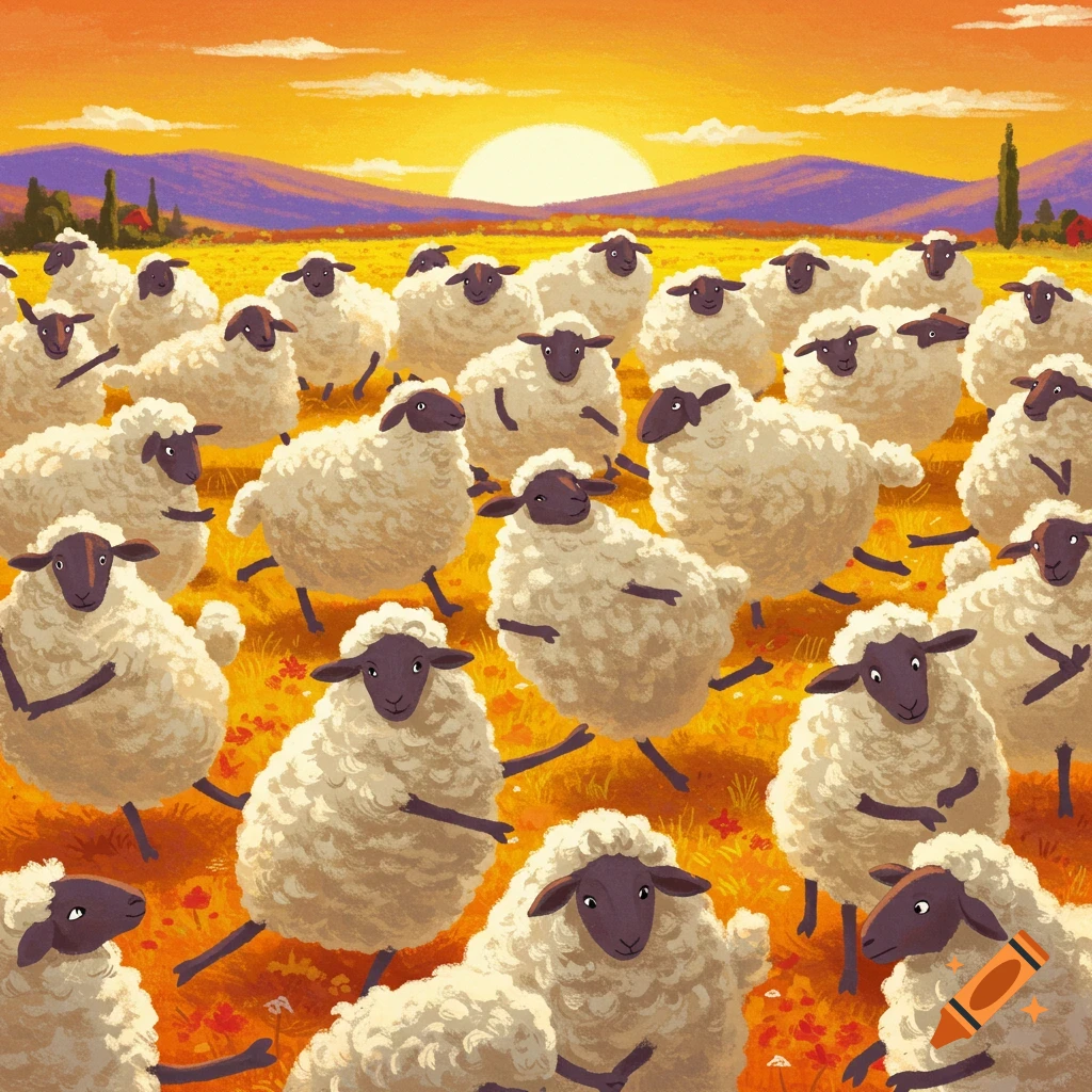 Many sheep dancing in a field at sunset, illustration.